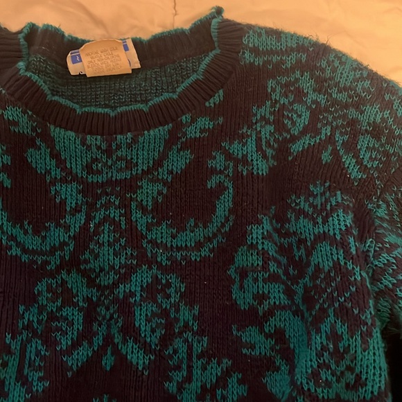 Vintage CAPE COD frill neckline teal and black sweater - Picture 2 of 3